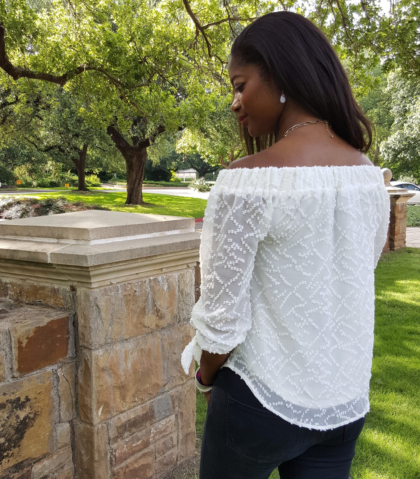 Dotted Off The Shoulder Crepe Blouse